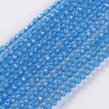 Glass Beads Strands, Faceted, Round, Deep Sky Blue, 2x2mm, Hole: 0.4mm, about 193~197pcs/strand, 14.17 inch~15.51 inch(36~39.4cm)