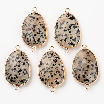 Natural Dalmatian Jasper Links, with Light Gold Plated Edge Brass Loops, Oval, Faceted, 38x22.5x6mm, Hole: 2mm