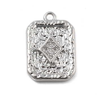 Brass Micro Pave Cubic Zirconia Pendants, Playing Card Charms, Rhombus, 17x11x2mm, Hole: 1.4mm