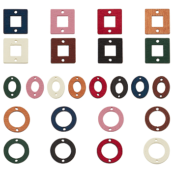Elite 144Pcs 24 Styles Dyed Wood Connector Charms, Geometric Links, Square & Oval & Flat Round Shape, Mixed Color, 20~21.5x16~20x2mm, Hole: 2~2.5mm, 6pcs/style