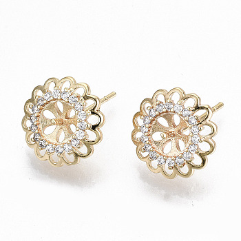 Brass Micro Pave Clear Cubic Zirconia Stud Earring Findings, for Half Drilled Bead, Nickel Free, Flower, Real 18K Gold Plated, 13mm, Pin: 0.7mm, Pin: 0.9mm(for Half Drilled Bead)