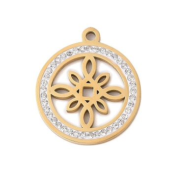 Preserved Fresh Flower 304 Stainless Steel Rhinestone Pendants, Flat Round, Real 18K Gold Plated, 25x21x2mm, Hole: 2mm