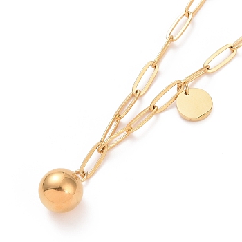 304 Stainless Steel Round Ball & Flat Round Pendant Necklace for Women, Golden, 17.13 inch(43.5cm)