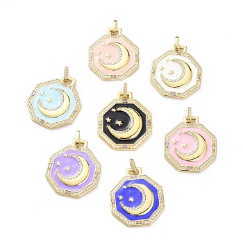 Brass Micro Pave Cubic Zirconia Pendants, with Enamel, Octagon with Moon & Star, Mixed Color, 33.5x29x3mm, Hole: 4x2.5mm