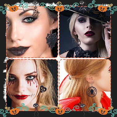 8 Pairs 8 Styles Halloween Spider Web & Witch & Cat & Skull Acrylic Dangle Earrings for Women(EJEW-SC0001-36)-5