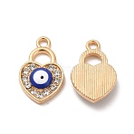 Alloy Evil Eye Enamel Pendants, with Crystal Rhinestone, Heart Charms, Light Gold, 18.5x12x3mm, Hole: 1.8mm(PALLOY-B009-31KCG)