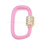 Oval Brass Micro Pave Clear Cubic Zirconia Screw Carabiner Clasps, with Enamel, Long-Lasting, Rack Plating, Lead Free & Cadmium Free, Pink, 24x14x2mm(KK-B167-01B-02G)