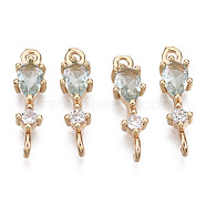 Brass Micro Pave Cubic Zirconia Links Connectors, with Glass, Long-Lasting Plated, Light Gold, Teardrop, Light Cyan, 17x5x3.5mm, Hole: 1.5mm(KK-R111-007-A06)