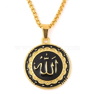 Alloy Black Enamel Muslim Islamic God Allah Religious Flat Round Pendant Necklaces, Iron Box Chain Necklaces, Golden, 23.82 inch(60.5cm)(NJEW-P316-02G)