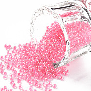 11/0 Grade A Round Glass Seed Beads, Transparent Inside Colours, Luster Plated, Pink, 2.3x1.5mm, Hole: 1mm, about 48500pcs/pound(SEED-N001-F-254)