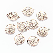 304 Stainless Steel Links Connectors, Laser Cut, Flat Round with Flower, Rose Gold, 14x17x1mm, Jump Ring: 3x0.4mm, 2.2mm inner diameter(STAS-S116-110RG)
