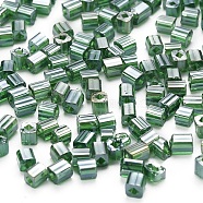 6/0 Glass Seed Beads, Transparent Colours Luster, Square Hole, Cube, Dark Green, 3~5x3~4x3~4mm, Hole: 1.2~1.4mm, about 1000pcs/100g(SEED-YW0001-25F)