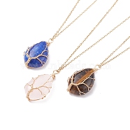 Natural Gemstone Teardrop with Tree Pendant Necklaces, Copper Wire Wrap Jewelry for Women, 17.32 inch(44cm)(NJEW-JN03869)