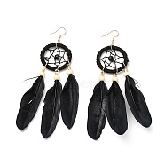 Feather Woven Net Chandelier Earrings, Alloy Long Tassel Drop Earrings for Women, Black, 126mm, Pin: 0.6mm(EJEW-H090-01D)