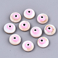 Natural Freshwater Shell Beads, with Enamel, Flat Round with Evil Eye, Pink, 9x4.5mm, Hole: 0.8mm(SHEL-T018-10B)