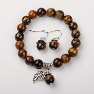 Natural Tiger Eye Jewelry Sets, Bracelets & Earrings, with Brass Spacer Beads and Brass Hooks, 2 inch(5.2cm),  27mm(SJEW-JS00696-01)