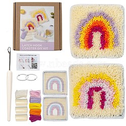 Polycotton Latch Hook Cup Mat Kit, DIY Coaster Crochet Yarn Kits, Including Instructions, Fabric, Yarn, Wood Stick, Rainbow, 160x160mm, Yarn: 9 skeins(PW-WG50228-01)