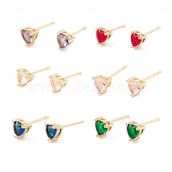 Cubic Zirconia Heart Stud Earrings, Real 18K Gold Plated Brass Jewelry for Women, Lead Free & Cadmium Free, Mixed Color, 6.5x6mm, Pin: 1mm(EJEW-F282-18-G)