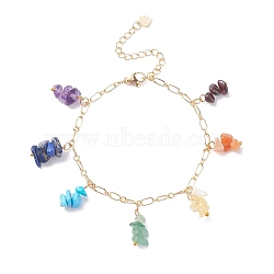 Natural & Synthetic Mixed Gemstone Chips Charm Bracelet, 7 Chakra Bracelet with Brass Chains for Women, Golden, 7-1/4 inch(18.3cm)(BJEW-JB08005)