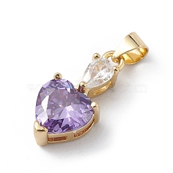 Rack Plating Brass Cubic Zirconia Pendants, Long-Lasting Plated, Cadmium Free & Lead Free, Real 18K Gold Plated, Heart Charm, Medium Purple, 19x9x6mm, Hole: 5x3mm(KK-E003-19G-01)