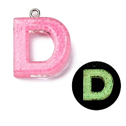 Luminous Resin Pendants, Glow in the Dark, with Platinum Plated Loop, Letter, Letter D, 24x18.5x5mm, Hole: 1.8mm(RESI-I059-D01)