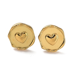 Ion Plating(IP) 304 Stainless Steel Flat Round with Heart Ear Studs for Women, Real 18K Gold Plated, 13x12.5mm(EJEW-P234-16G)