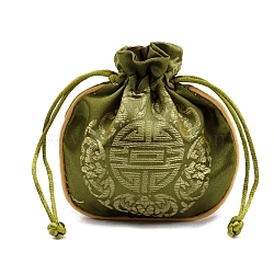 Chinese Style Cloth Pouches Drawstring Bags for Jewelry Storage, Half Round, Olive Drab, 11x11cm(PW-WG63765-10)