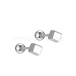 Anti-Tarnish Cube Rhodium Plated 999 Fine Silver Cartilage Earrings for Women, Round Screw Back Earrings with 999 Stamp, Platinum, 3x3mm(EJEW-S215-25P-01)