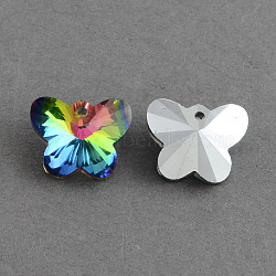 Butterfly Electroplated Glass Pendants, Silver Plated Bottom, Faceted, Colorful, 12x15x7mm, Hole: 1mm(X-EGLA-R083-04)