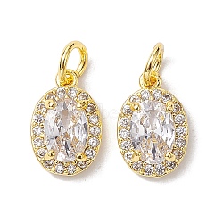 Brass Micro Pave Clear Cubic Zirconia Charms, with Jump Ring, Oval, Real 18K Gold Plated, 12x8x3.5mm, Hole: 3.4mm(KK-K360-17G)