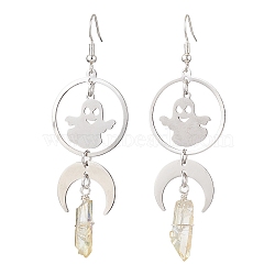 Natural Quartz Crystal & 201 Stainless Steel Dangle Earrings, Ghost Long Drop Earrings for Halloween, Silver, 78x25mm(EJEW-TA00429)