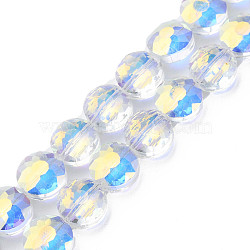 Electroplate Transparent Glass Beads Strands, Faceted, Flat Round, Clear AB, 10x6mm, Hole: 0.9mm, about 70pcs/strand, 27.95 inch(71cm)(EGLA-N002-38-C01)