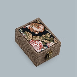 Jute Box, for Necklace Box, Rectangle with Flower, Black, 12x9x6.5cm(PW-WG10105-02)