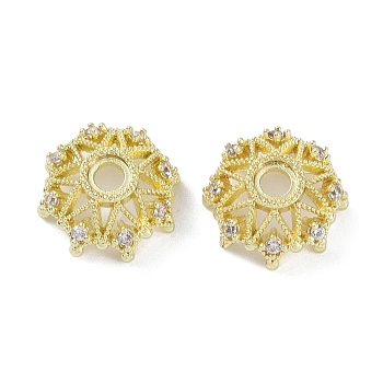 Brass Micro Pave Cubic Zirconia Beads Caps, Flower, Real 14K Gold Plated, 12x11x5.5mm, Hole: 2mm