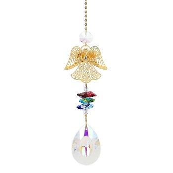 Hollow Alloy Hanging Ornaments, Colorful Glass Octagon Beads & Teardrop Tassel for Home Garden Decorations, Angel & Fairy, 330mm, pendant: 157x50mm