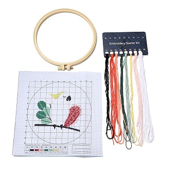 Parrot DIY Cross Stitch Beginner Kits, Stamped Cross Stitch Kit, Including Printed Fabric, Embroidery Thread & Needles, Embroidery Hoop, Instructions, 0.3~0.4mm, 8 colors