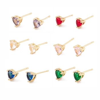 Cubic Zirconia Heart Stud Earrings, Real 18K Gold Plated Brass Jewelry for Women, Lead Free & Cadmium Free, Mixed Color, 6.5x6mm, Pin: 1mm