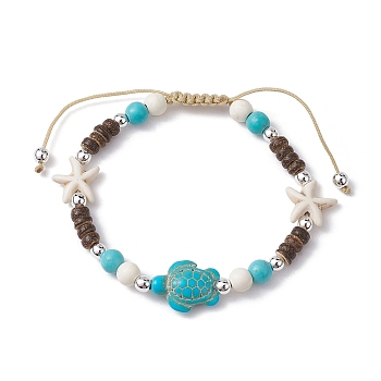Starfish & Tortoise Synthetic Turquoise Braided Bead Bracelet, Nylon Cord Adjustable Bracelets, Turquoise, Inner Diameter: 2-1/8~3-1/8 inch(5.45~7.8cm)