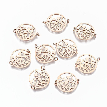 304 Stainless Steel Links Connectors, Laser Cut, Flat Round with Flower, Rose Gold, 14x17x1mm, Jump Ring: 3x0.4mm, 2.2mm inner diameter