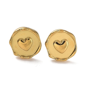 Ion Plating(IP) 304 Stainless Steel Flat Round with Heart Ear Studs for Women, Real 18K Gold Plated, 13x12.5mm