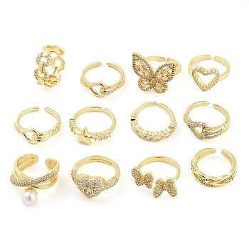 Rack Plating Brass Micro Pave Cubic Zirconia Finger Ring, Long-Lasting Plated, Cadmium Free & Lead Free, Mixed Shapes, Real 18K Gold Plated, 5~20.5mm, US Size 6(16.5~18.5mm), 12pcs/box