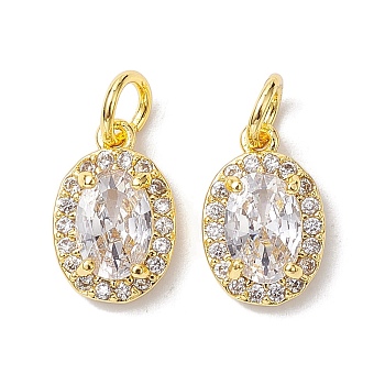 Brass Micro Pave Clear Cubic Zirconia Charms, with Jump Ring, Oval, Real 18K Gold Plated, 12x8x3.5mm, Hole: 3.4mm