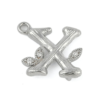 Brass Crystal Rhinestone Letter Links Connector Charms, Real Platinum Plated, Letter X, 14x14x3.5mm, Hole: 1.2mm and 1.5mm