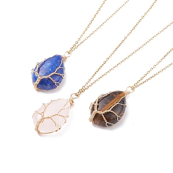Natural Gemstone Teardrop with Tree Pendant Necklaces, Copper Wire Wrap Jewelry for Women, 17.32 inch(44cm)