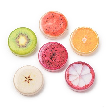 Printed Opaque Acrylic Beads, Flat Round with Fruit Slice Shape, Mixed Color, 18x4.5mm, Hole: 1.2mm