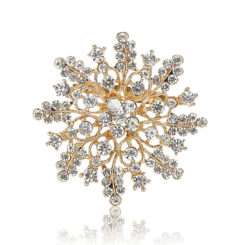 Alloy and Clear Glass Rhinestone Christmas Snowflake Brooch for Women, Golden, 70x70mm