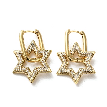 Golden Brass Micro Pave Cubic Zirconia Dangle Hoop Earrings, Star, 32x20mm