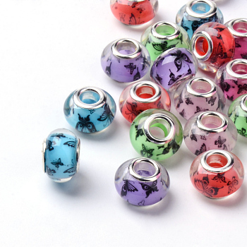 Butterfly Pattern Resin European Beads, Large Hole Beads, with Silver Color Plated Brass Cores, Rondelle, Mixed Color, 13.5~14x9~9.5mm, Hole: 5mm