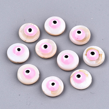 Natural Freshwater Shell Beads, with Enamel, Flat Round with Evil Eye, Pink, 9x4.5mm, Hole: 0.8mm