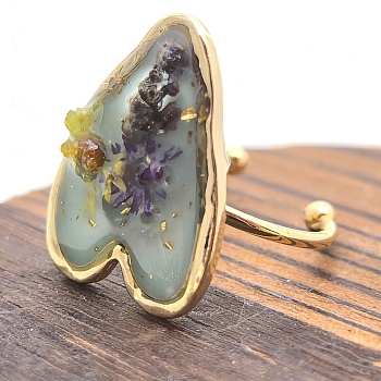 304 Stainless Steel Cuff Open Rings, Heart with Flower, with Resin, Golden, Light Blue, US Size 8 1/2(18.5mm)